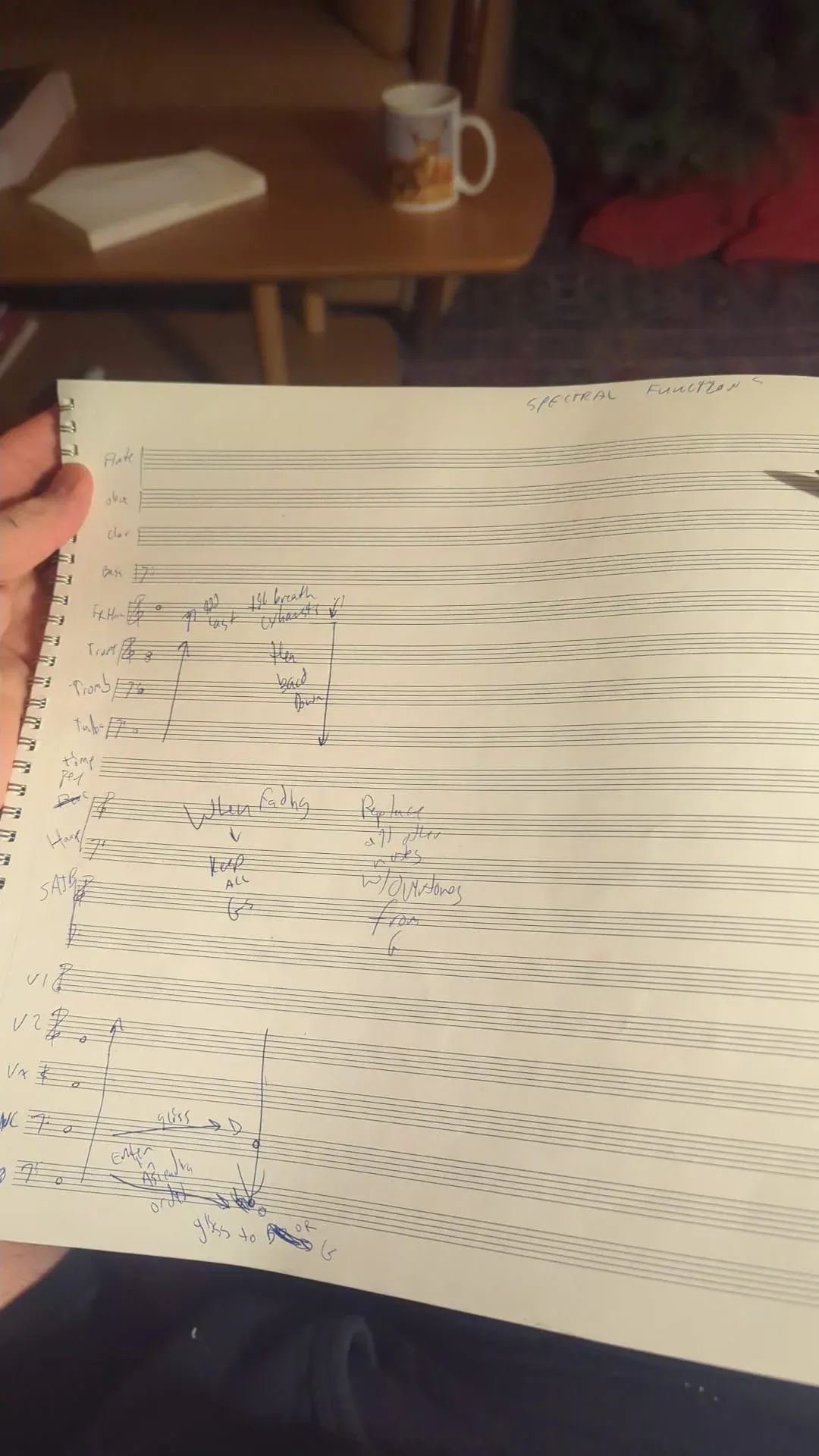 A hand holding a sheet of manuscript paper covered in pencilled notation, a mug on the table beyond.