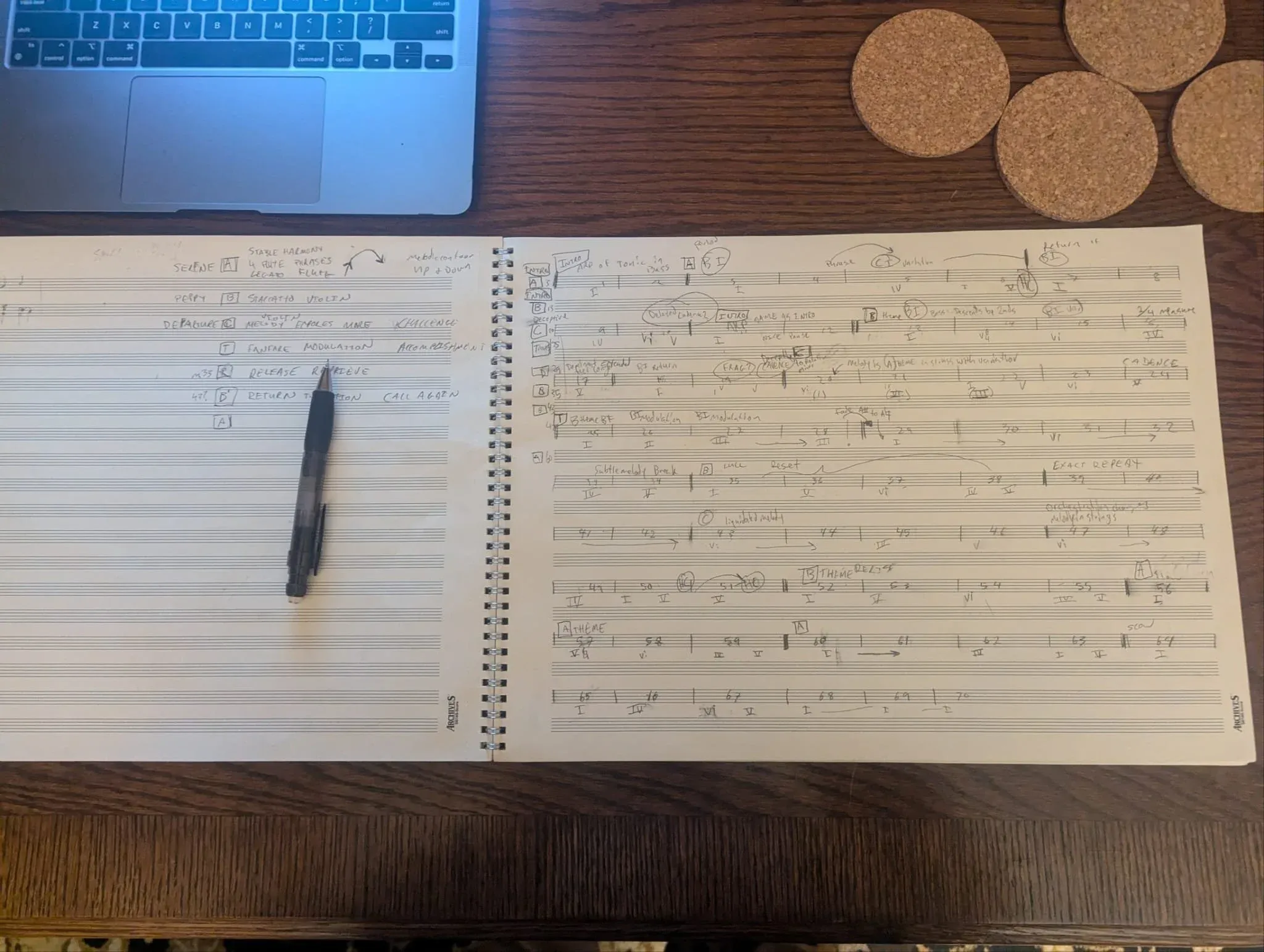 A laptop, cork coasters, and an open spiral-bound manuscript book with a pencil across the staves.