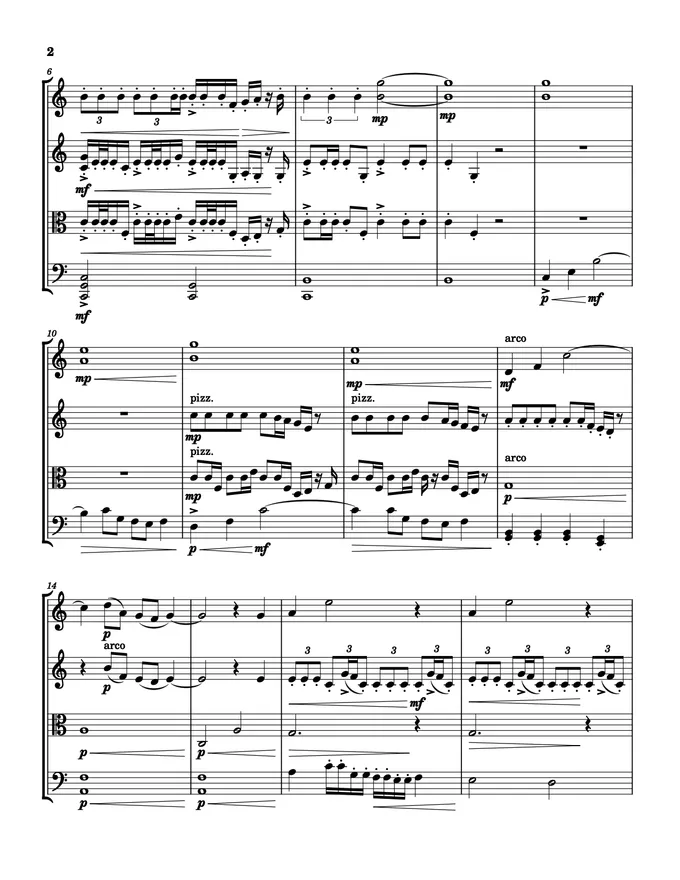 Second page of the Call My Bluff score for string quartet.