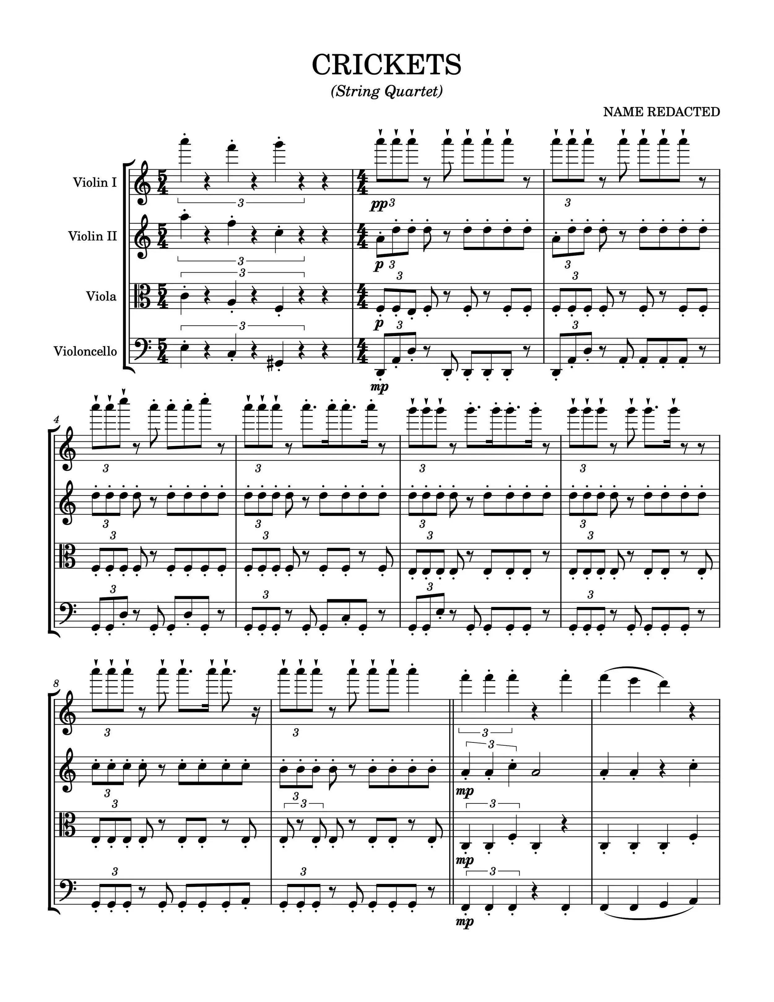 The first page of the CRICKETS string quartet score, showing rapid repeated figures stacked across the four staves.