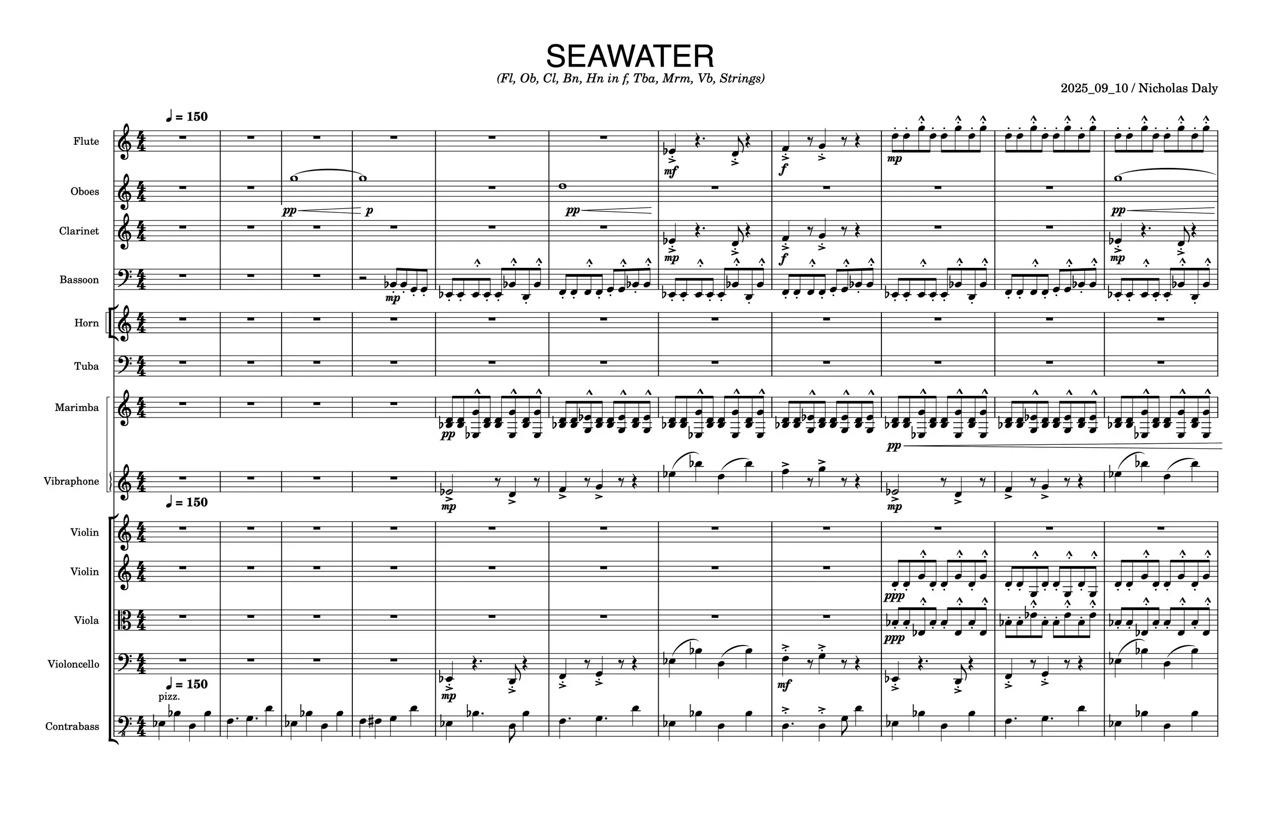 The opening page of the SEAWATER full score, headed with its instrumentation and a tempo marking of quarter note equals 100.